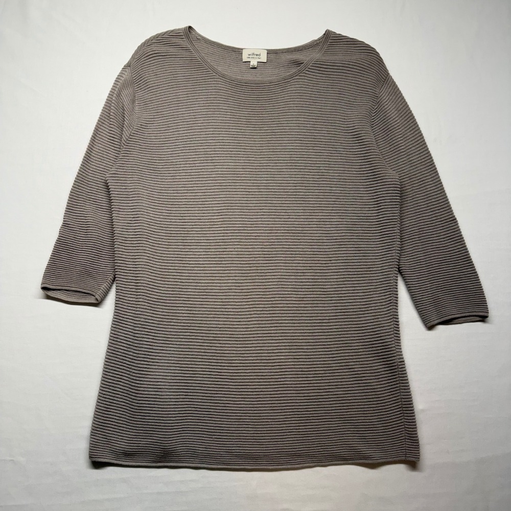 Wilfred Linen‎ Blend Ribbed Knit Top Neutral Minimalist 3/4 Sleeve